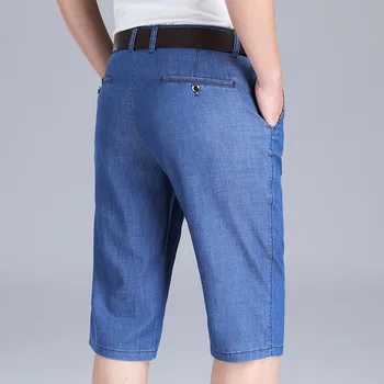 Нови летни тънки дънкови шорти Ice Silk, мъжки преки свободни ежедневни скъсяване на панталони големи размери Dad's Tencel