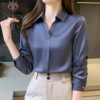 Новост Пролетта 2024 година, прости дамски ризи синьо-бял цвят, блузи с дълги ръкави, обикновена върхове, офис дамски дрехи, с голям размер KN57