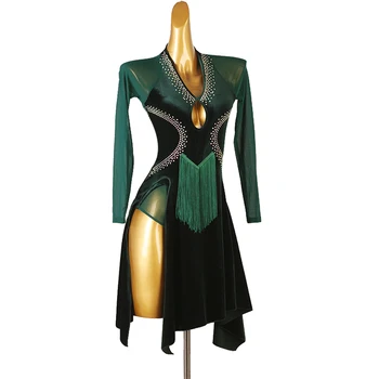 Обичай Нов дизайн, хит на продажбите, кадифе с дълги ръкави, зелено бархатное танцово рокля с пискюли и кристали