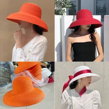 Оранжева шапка, нова дамски солнцезащитная шапка, сгъваема плажна шапка, слънцезащитен крем за пътуване с голяма периферия, солнцезащитная шапка Hepburn Wind, пътна шапка 모자