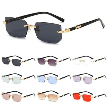 Правоъгълни слънчеви очила Y2K без рамки, модни слънчеви очила без рамки със защита от UV400, Очила за жени и мъже