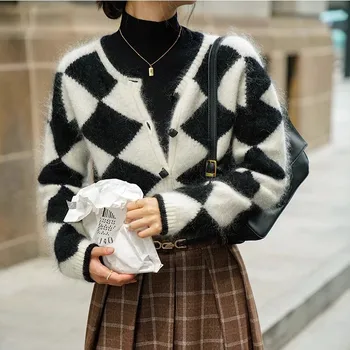 Пуловер в доп клетка Hippocampus Hair за жени през есента и зимата, нов луксозен жилетка къси плетени в ретро стил от висок клас в лениво стил