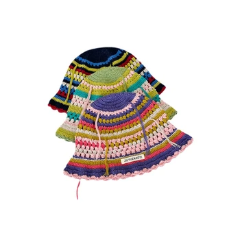 Реколта вълнена шапка ръчно плетени от памук райе, детска пролетно-есенна шапка за басейна, Ежедневни панама