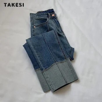 Реколта ежедневни панталони в стил мозайка, дънки, в уличном стил, Корейската мода, широки широки дънкови панталони Y2K