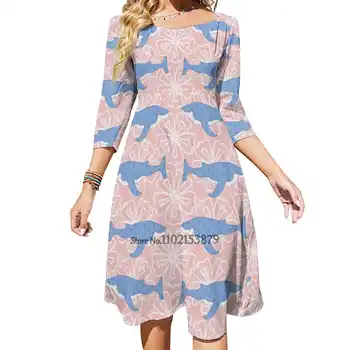 Рокля с флорални кита, чрез шнурове на гърба, рокля с квадратни деколтета, Уважаеми елегантна рокля, Розова Японското синьо Джеллибат с цветен модел