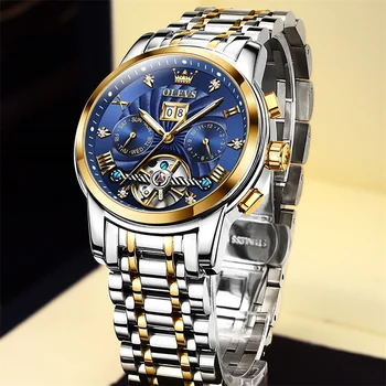 Ръчен часовник OLEVS Tourbillon за мъже, автоматични механични Мъжки часовник в стил милитари, Календар, Мултифункционален Главата марка луксозни Reloj
