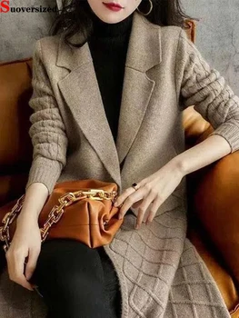 Случайни трико с ревери, женски нов елегантен пуловер, загрята топла зима вязаный жилетка със средна дължина, свободен топ с дълъг ръкав