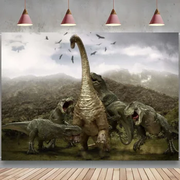 Тематичен фон за парка на динозаврите Brontosaurus Тиранозавър атака, като фон за снимки, украса банер за парти по случай рождения Ден на момче