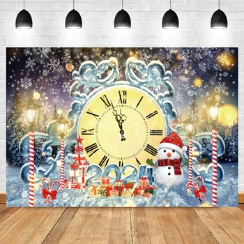 Фон с коледни часовник Банер за празнуване на Нова Година Коледна елха Снежинка Подаръчни кутии Декоративни фонове фотографско студио
