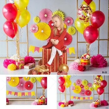 Фонове, за снимки на рожден ден, 1-ви рожден ден, банер с червено въздушно топка, на фона на фотосесия на новородено, розови цветя за студио