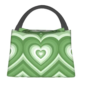Чанта за обяд със зелено сърце за дете, абстрактен забавен геометричен обяд-бокс, чанта-хладилник за пикник, преносими оксфордские термосумки-тоут с цип