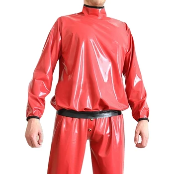 Червено-черна секси латексова пижама с дълги ръкави, висока яка, без гума топ, блузи, нощница yf безжичната-0426