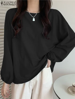 Черна блуза Оверсайз ZANZEA, модни дамски риза с дълъг ръкав, дамски пуловер с кръгло деколте, Ежедневни работни блузи, пролетно-есенни блузи