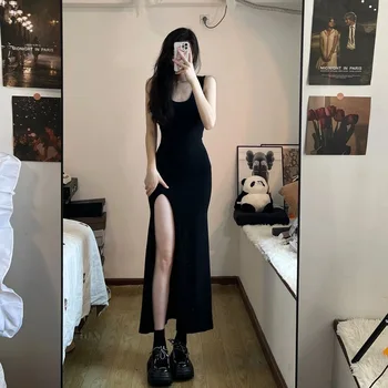 Черна рокля без ръкави с лента, на женското сексуално приталенное Макси рокля с цепка отстрани, нарушения на сърдечния Женски Лятото на Корейското просто цельнокроеное рокля
