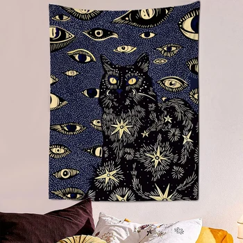 Черно пънк-котка, цветя, гоблени, стенни декоративно изкуство, одеала, завеси, висящи къщи, интериор за спални, всекидневна