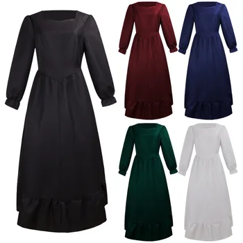Черно средновековна готическа рокля за жените, рокля за cosplay в Ренесансов стил с дълъг ръкав