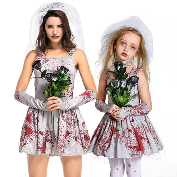 грей окървавен родительско-детски костюм на призрачна булката, костюм на вампир на Хелоуин за възрастни и деца, дрехи за cosplay, призрачна булката